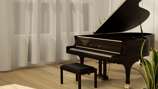 Grand piano in modern living room with light oak floor, curtain and plant, musical instrument, 3d rendering, 3d illustration