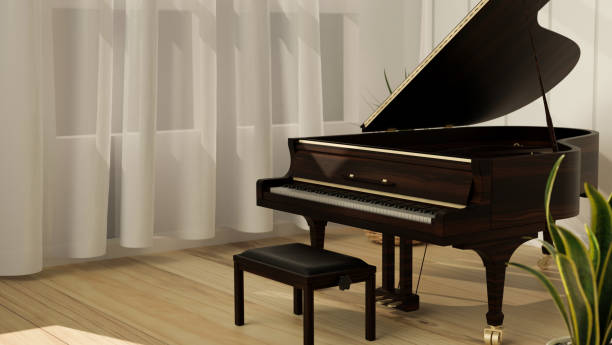แกรนด์เปียโนในห้องนั่งเล่นที่ทันสมัยที่มีพื้นโอ๊คแสง, ผ้าม่านและโรงงาน, เครื่องดนตรี - grand piano ภาพสต็อก ภาพถ่ายและรูปภาพปลอดค่าลิขสิทธิ์