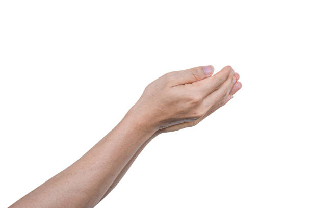 istock Man hand with open palm hope, helping, Isolated on white background. 1329986878