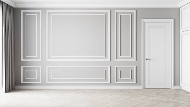 istock Classic gray empty interior with moldings and door. 3d render illustration mockup. 1329988048