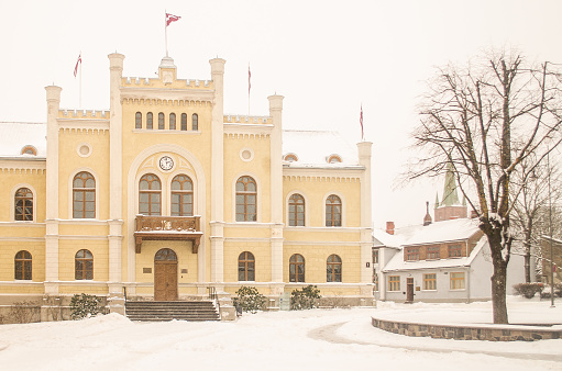City hall in winter day, Kuldiga, Latvia