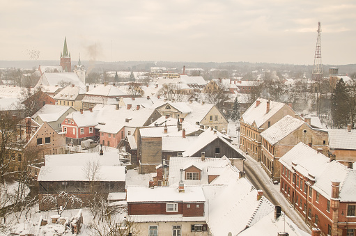 Aerial view of Kuldiga old town in winter day, Latvia