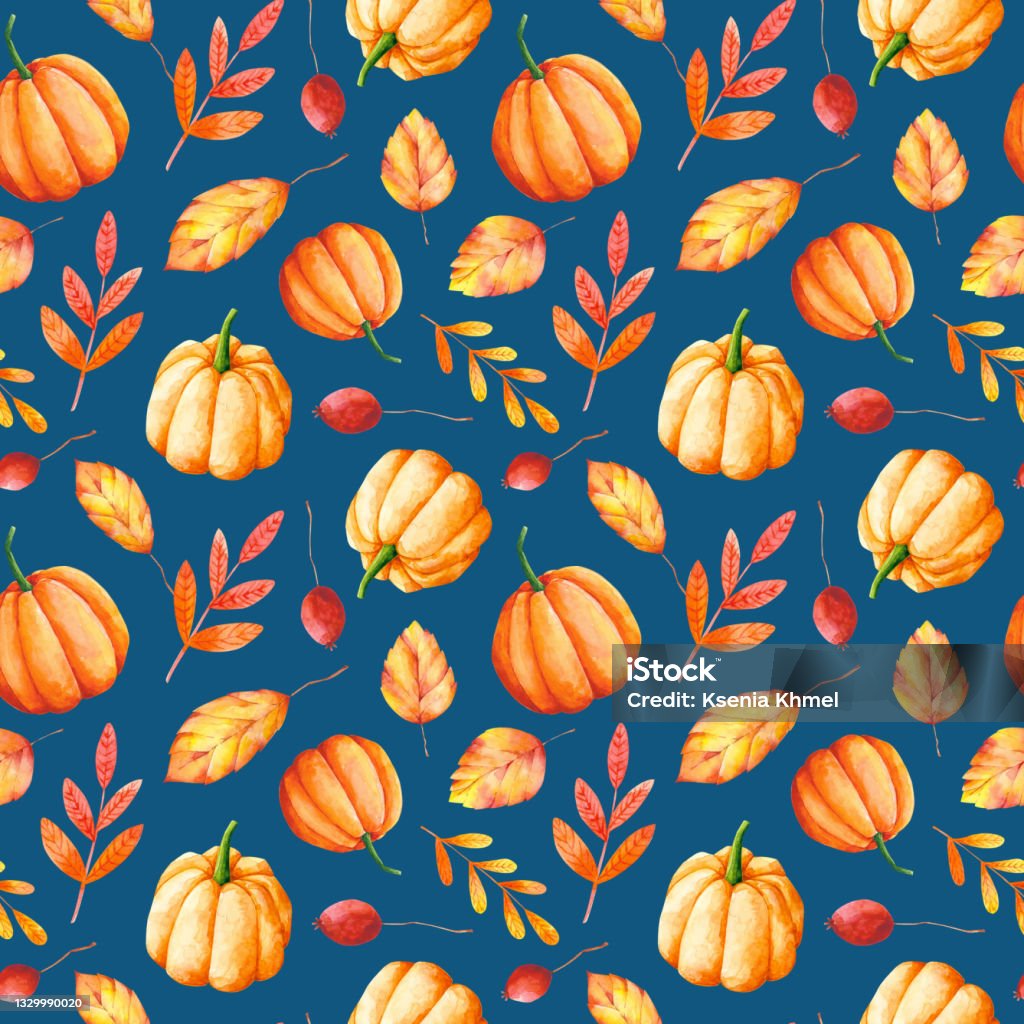 Blue Fall Pattern Autumn Pattern On Blue Stock Illustration - Download Image Now - Art ...