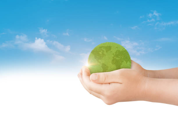 istock Hand holding green globe earth on blue sky background. Environment day concept. 1329990902