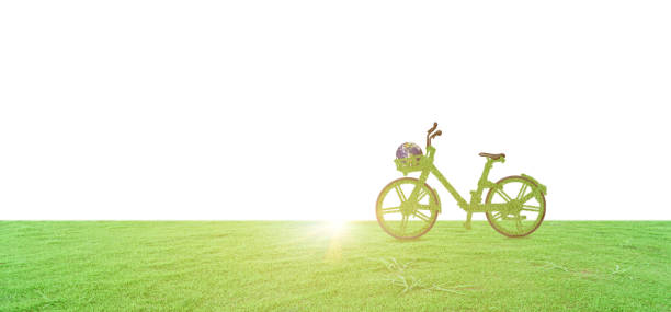 istock Green ecological bicycle and globe on green grass field isolated on white background 1329990975