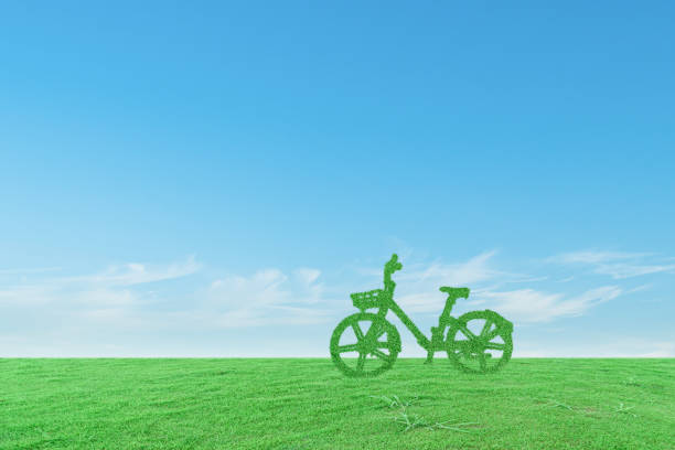 istock Green ecological bicycle on grass field and blue sky background. 1329990997