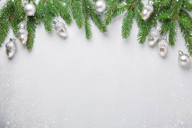 istock Christmas horizontal banner Fir tree branches with silver christmas decoration on white backgroun 1329992251
