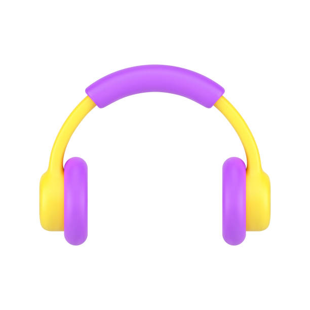 illustrazioni stock, clip art, cartoni animati e icone di tendenza di icona 3d delle cuffie mobili. cuffia gialla professionale con accenti viola - image computer graphic headset headphones