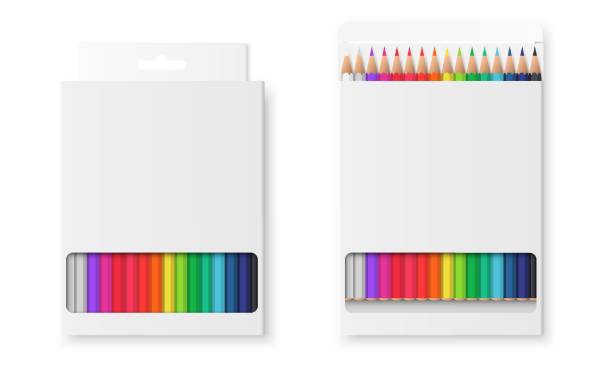 istock Realistic set of boxes with colored pencils. Open and closed box. Wooden colorful crayons in blank white packaging 1329997868