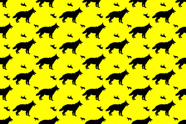 Black silhouette of German Shepherd dog.  Repeated full-length portrait of dog on yellow background. Gorgeous pet with open mouth.  Seamless pattern