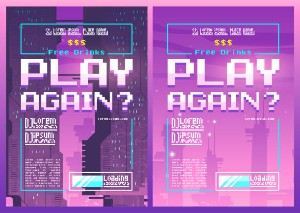 Play again pixel art poster for night or game club Play again pixel art posters for night or gaming club event with neon ultraviolet futuristic buildings and loading slider. Free drinks promotion. Retro design invitation flyers, Cartoon illustration free images online no copyright stock illustrations