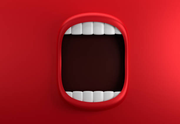 赤の背景に抽象的な大きな赤い口 - 口 ストックフォトと画像