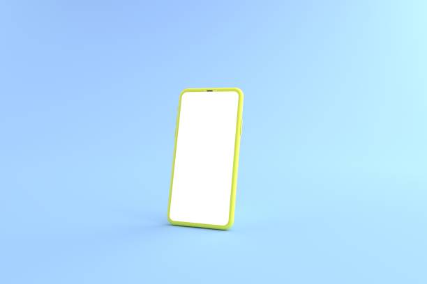 istock 3D rendering. The yellow smartphone white screen on blue floor, Mobile phone mockup tilted to the ground. Smartphone white screen can be used for commercial advertising, Isolated on blue background. 1330001823