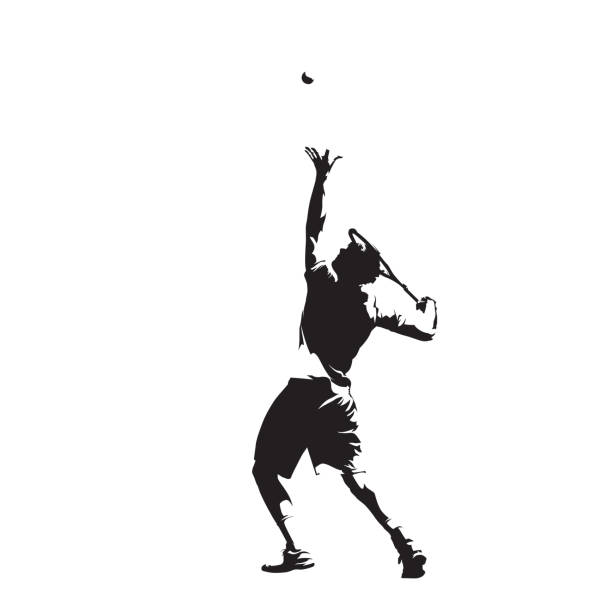 테니스 선수 서빙 공, 고립 된 벡터 실루엣, 잉크 드로잉. 개별 여름 스포츠. 활동적인 사람들 - tennis serving silhouette racket stock illustrations