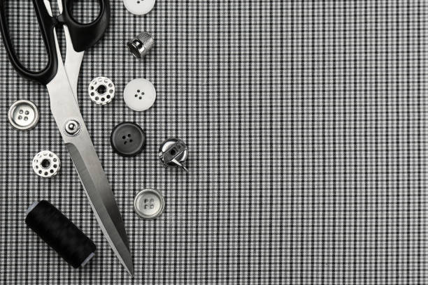 istock Sewing supplies on fabric, flat lay. Space for text 1330005811