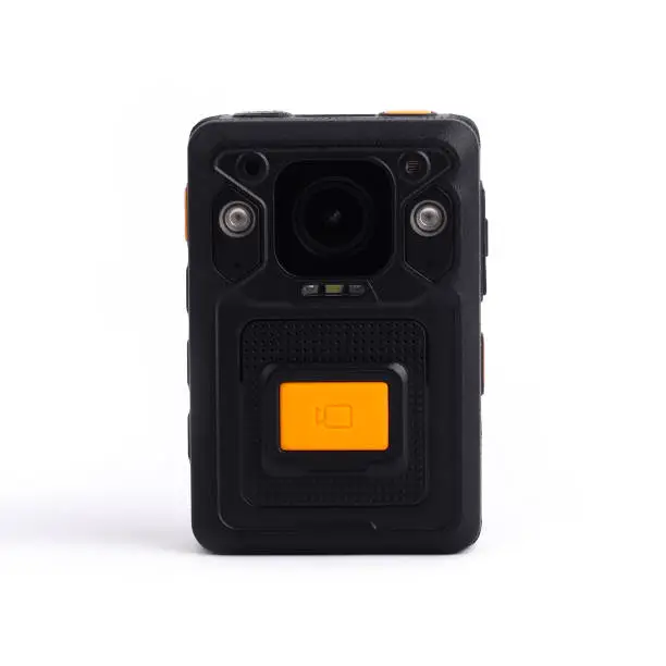 Black Officer body cam with yellow orange button record. Personal Wearable Video Recorder, Portable DVR, camera isolated on white background. Closeup, front view