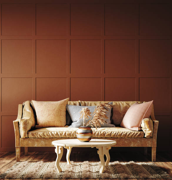 istock Home interior, dark brown living room with leather sofa 1330009624