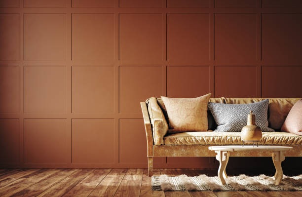 istock Home interior, dark brown living room with leather sofa 1330009632