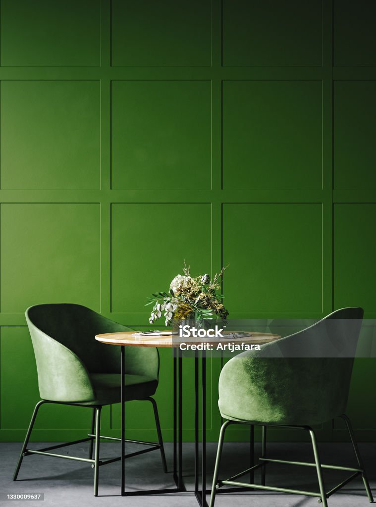 Cozy modern dining room interior in dark green colors Cozy modern dining room interior in dark green colors, 3d render Indoors Stock Photo