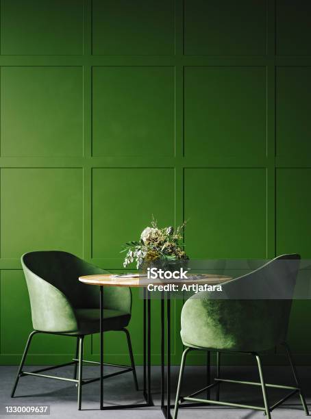 Cozy Modern Dining Room Interior In Dark Green Colors Stock Photo - Download Image Now