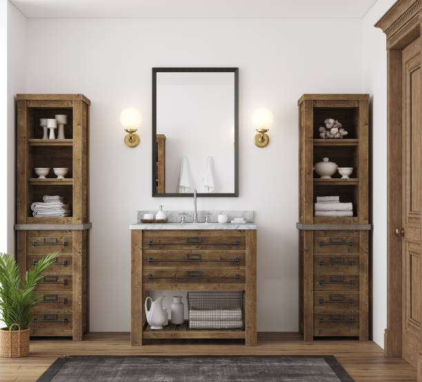 White cozy bathroom interior, farmhouse style