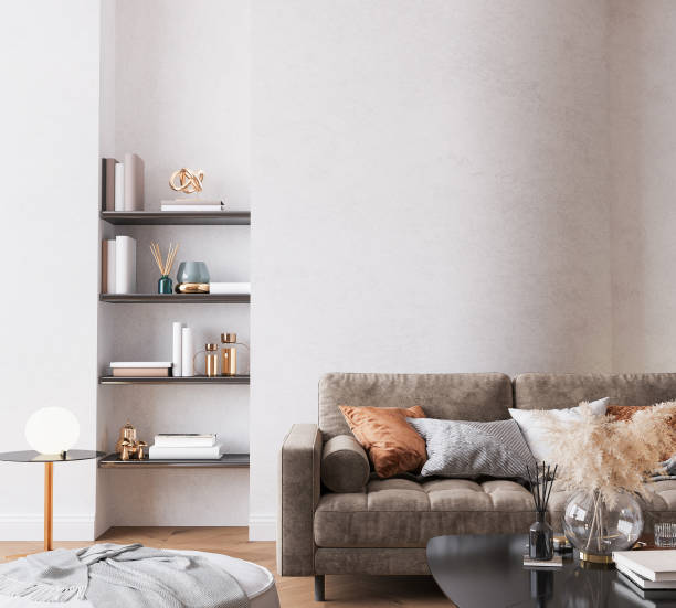 istock Modern bright living room, brown sofa on curved wall 1330009717
