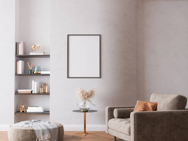 istock Modern bright living room, brown sofa on curved wall 1330009753