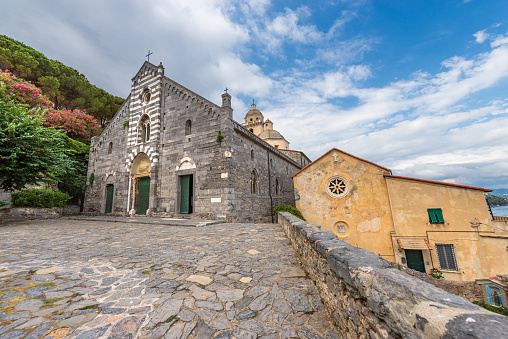 Facade of the medieval church of San Lorenzo (St. Lawrence) 1098-1130, in Romanesque style, Porto Venere or Portovenere, UNESCO world heritage site, Gulf of La Spezia, Liguria, Italy, Europe.