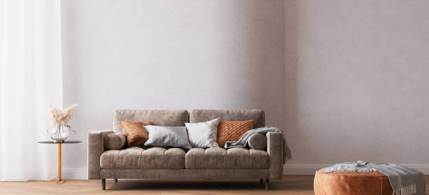 istock Modern bright living room, brown sofa on curved wall 1330009772
