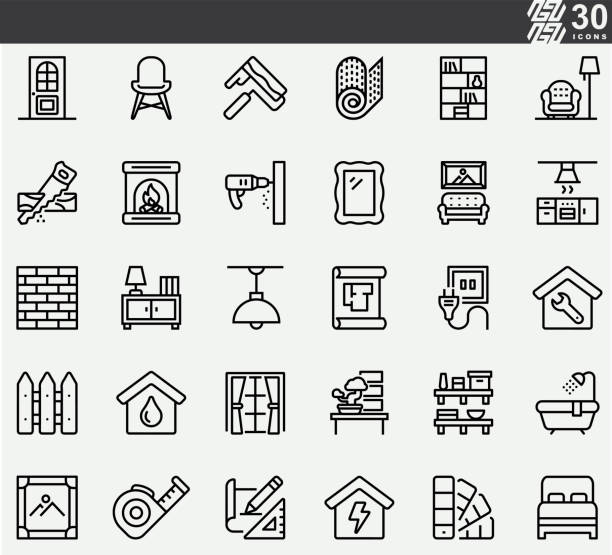 home decoration line icons - teppichboden couch stock-grafiken, -clipart, -cartoons und -symbole