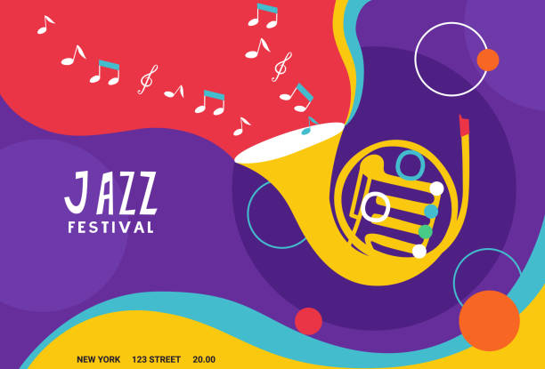 jazz Jazz festival poster or banner. Vector composition included French horn. Suitable for acoustic music events and jazz. jazz dancing stock illustrations