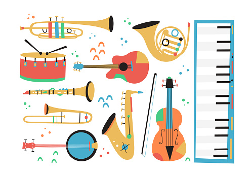 Set of jazz musical instruments. Vector compositions included: saxophone, trombone, clarinet, violin, double bass, piano, trumpet, bass drum and banjo, guitar. Suitable for acoustic music events and jazz concerts.