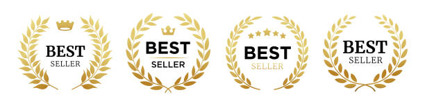 satz badge bestseller, beste wahl, bester preis, beste qualität. goldenes logo-design mit kranzlorbeer. vektor-illustration - bestseller stock-grafiken, -clipart, -cartoons und -symbole