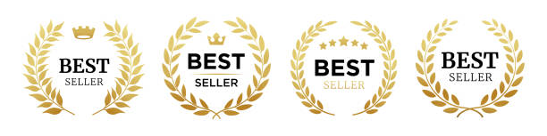 Set of badge best seller, best choice, best price, best quality. Gold logo design with wreath laurel. Vector illustration Set of badge best seller, best choice, best price, best quality. Gold logo design with wreath laurel. Vector illustration best sellers stock illustrations