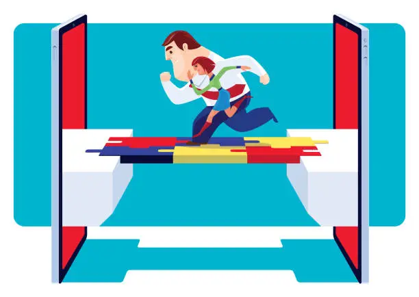 Vector illustration of man and woman running on puzzle bridge with smartphones