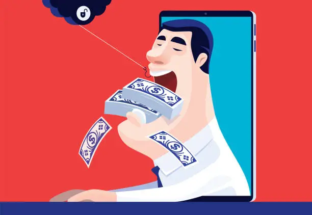 Vector illustration of businessman holding stack of banknotes with smartphone and hooked by unsafe cloud computing