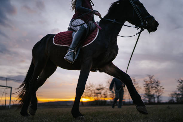 istock Young woman training horse riding technique with instructor at sunset 1330013779