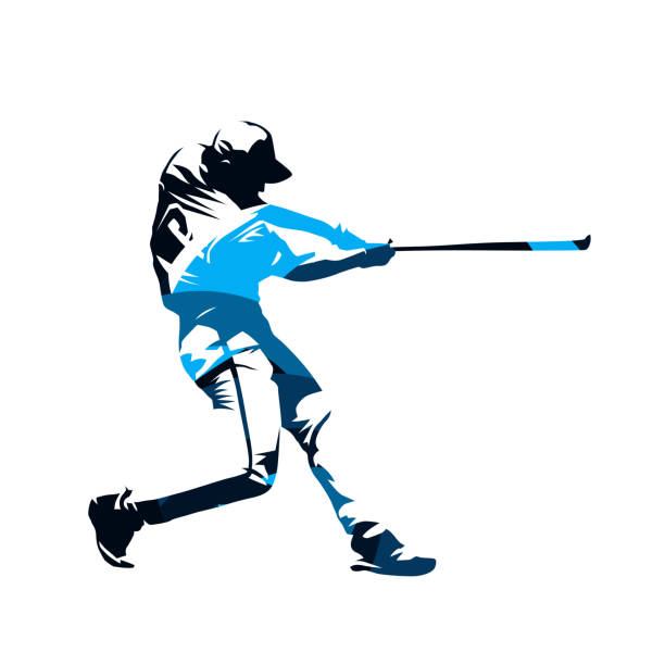 박쥐, 파란색 추상 고립 된 벡터 실루엣으로 스윙 하는 야구 선수 - baseball batter stock illustrations