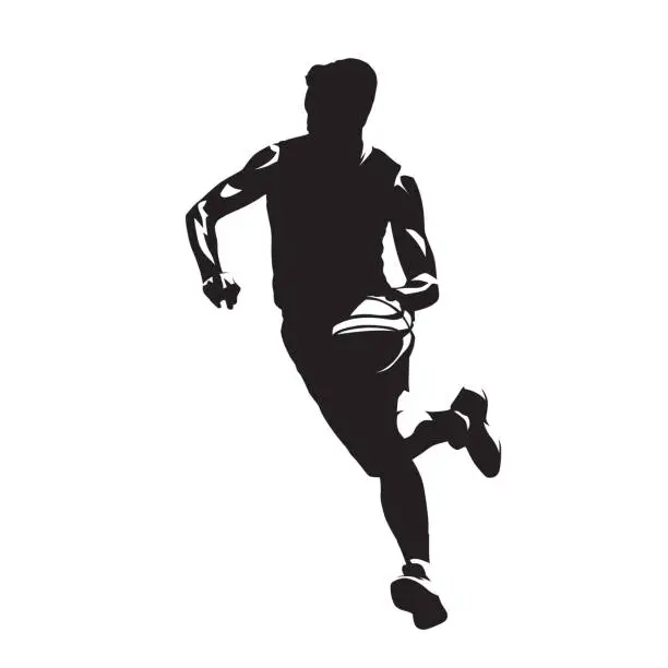 Vector illustration of Basketball player running with ball, dribbling. Isolated vector silhouette