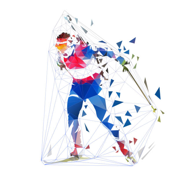 bildbanksillustrationer, clip art samt tecknat material och ikoner med biathlon racing, polygonal isolated vector illustration. winter sport - skidskytte tavla
