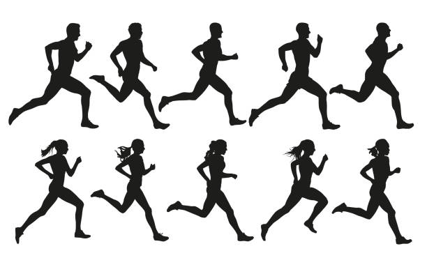 Run. Running men and women, vector set of isolated silhouettes vector art illustration