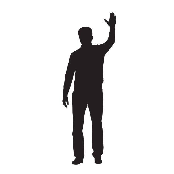 mann steht und winkt mit der hand, isolierte vektorsilhouette - waving stock-grafiken, -clipart, -cartoons und -symbole
