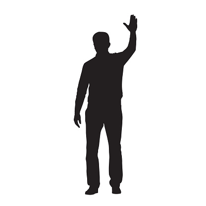 Man standing and waving with his hand, isolated vector silhouette
