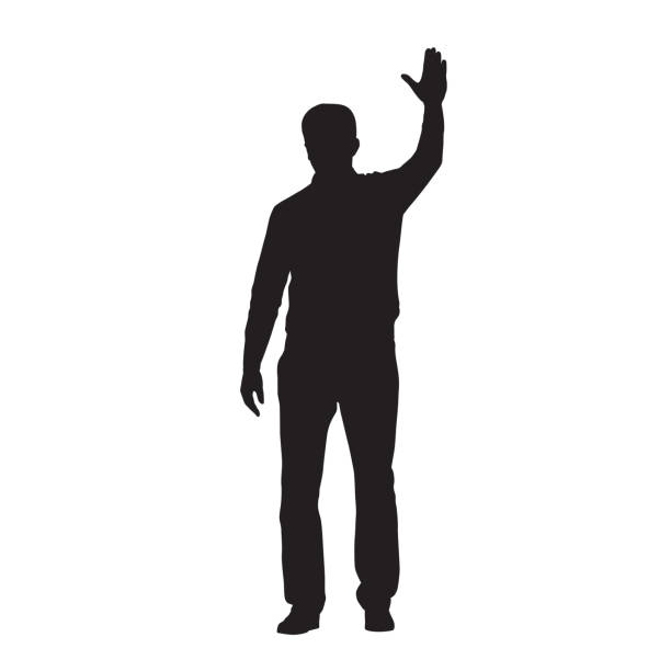 Man standing and waving with his hand, isolated vector silhouette Man standing and waving with his hand, isolated vector silhouette waving stock illustrations