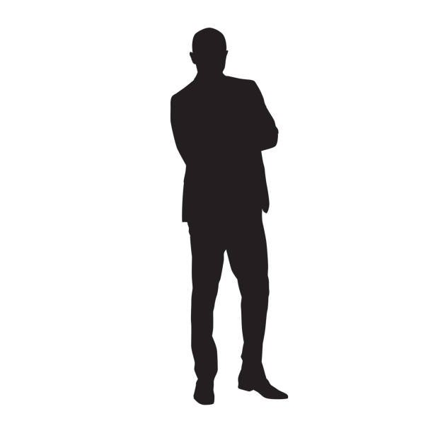 ilustrações de stock, clip art, desenhos animados e ícones de businessman in suit standing with folded arms, isolated vector silhouette. business people - crossing human arm silhouette men