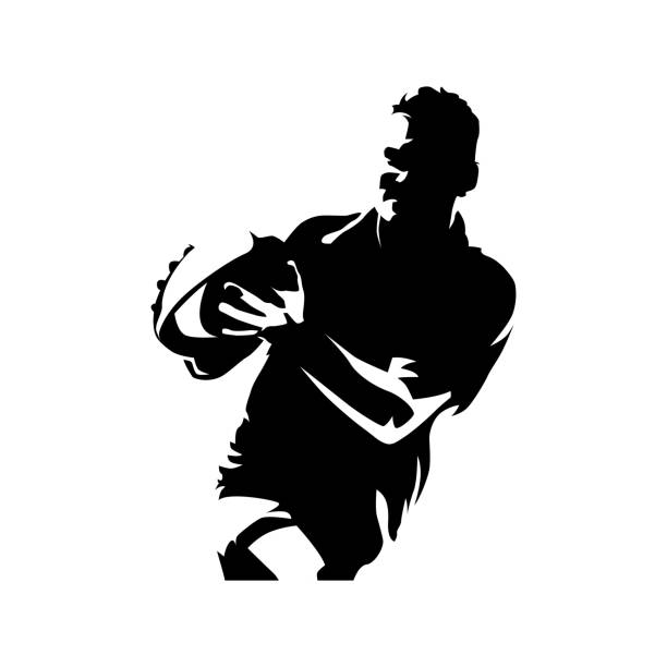 illustrations, cliparts, dessins animés et icônes de joueur de rugby avec ballon dans les mains, athlète de course. silhouette de sport d’équipe. illustration vectorielle isolée - rugby