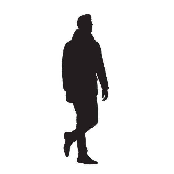 illustrations, cliparts, dessins animés et icônes de homme marchant en veste, silhouette vectorielle isolée, vue latérale - young men portrait fine art portrait men