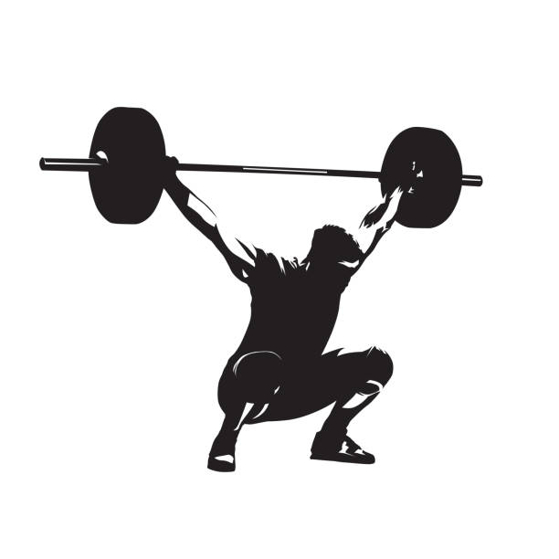 illustrazioni stock, clip art, cartoni animati e icone di tendenza di sollevamento pesi. sollevatore di pesi con bilanciere grande, silhouette vettoriale isolata. uomo forte - weightlifting