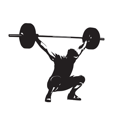 Weightlifting. Weight lifter with big barbell, isolated vector silhouette. Strong man