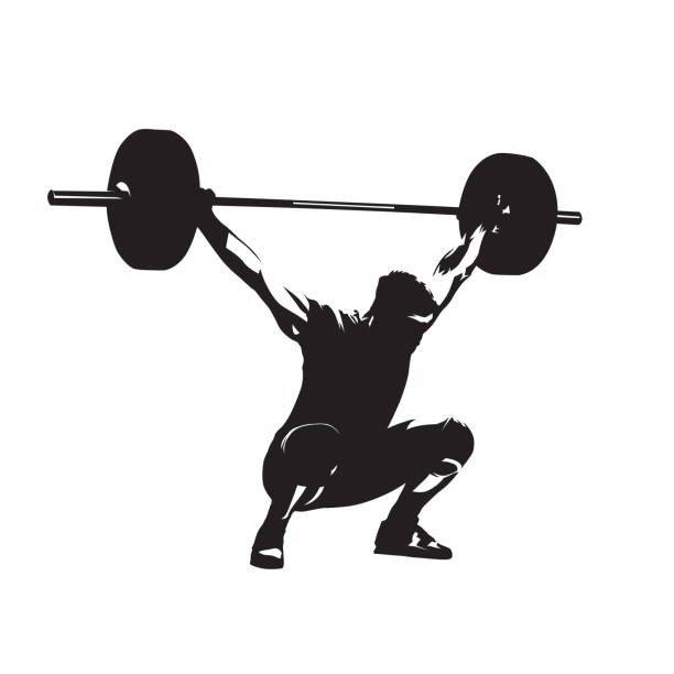 Weightlifting. Weight lifter with big barbell, isolated vector silhouette. Strong man Weightlifting. Weight lifter with big barbell, isolated vector silhouette. Strong man weightlifting stock illustrations